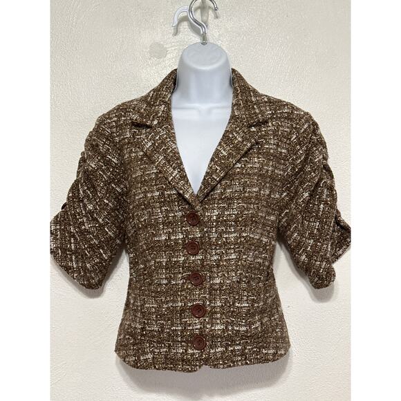 VTG Preppy Wool Blend Lined Waist Length Blazer Top S Brown Fall Trend City - Picture 3 of 13